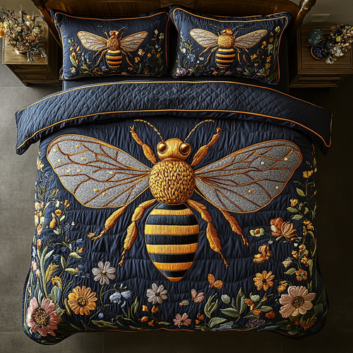 Midnight Meadow Bee 3-Piece Quilted Bedding Set NCU0VL1191