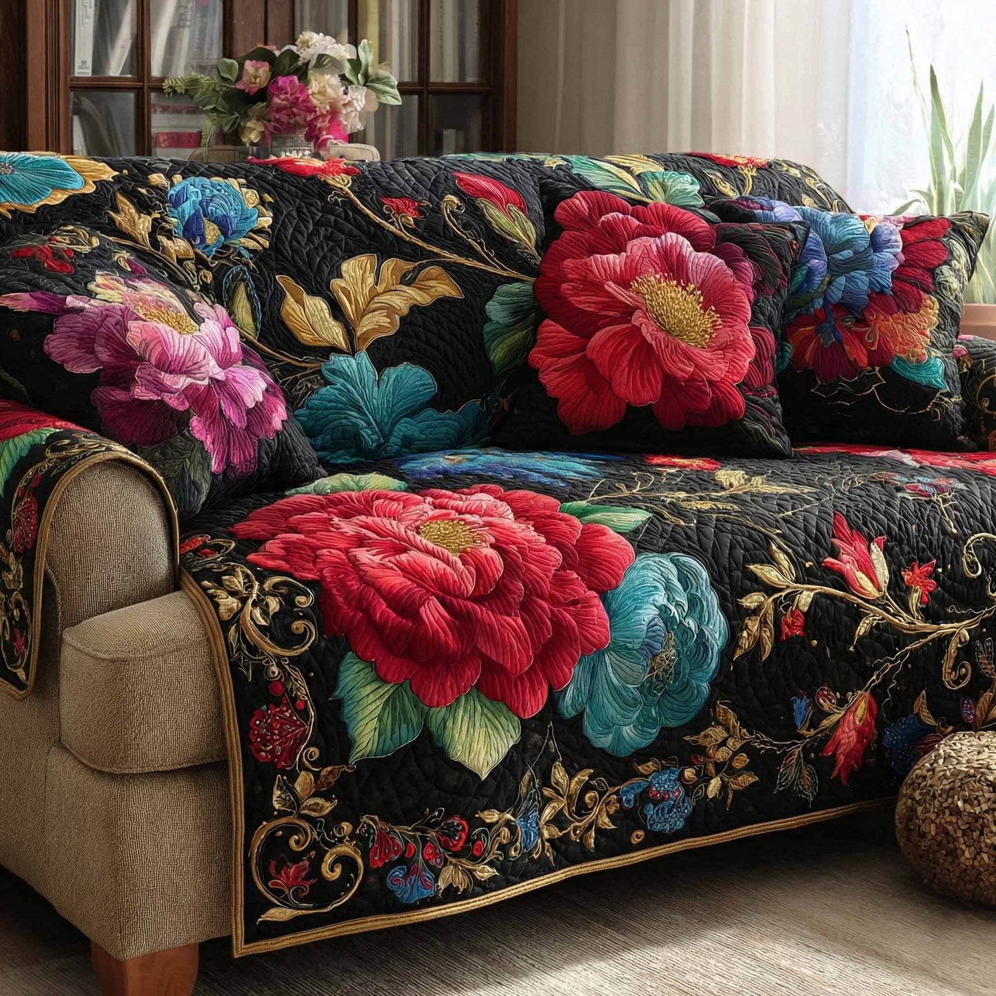 Midnight Roses Quilted Sofa Cover NCU0XD2435
