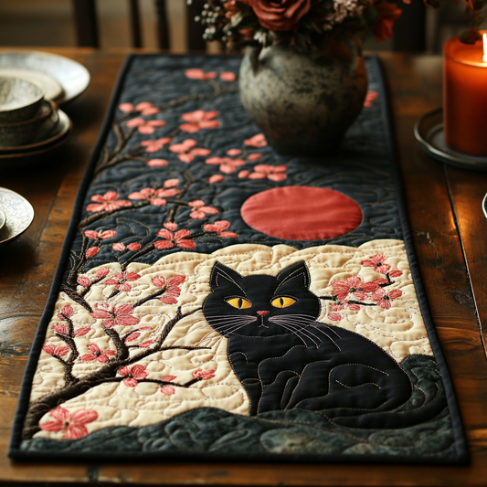 Midnight Sakura Cat Quilted Table Runner NCU0DV5941