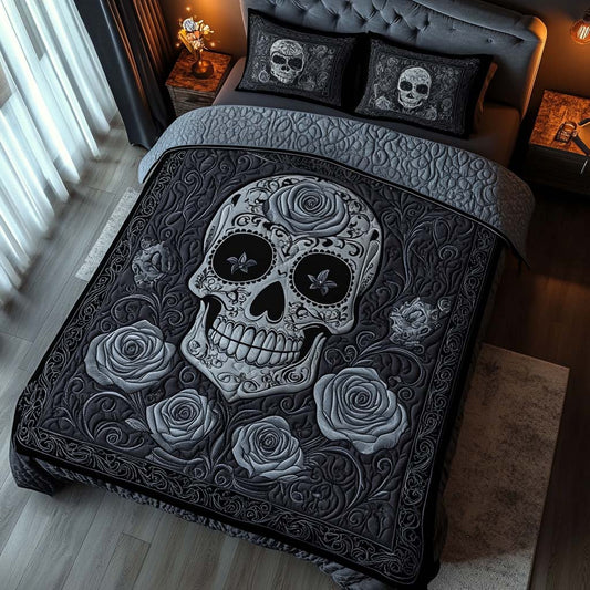 Midnight Skull Bloom 3-Piece Quilted Bedding Set NCU0NT7944