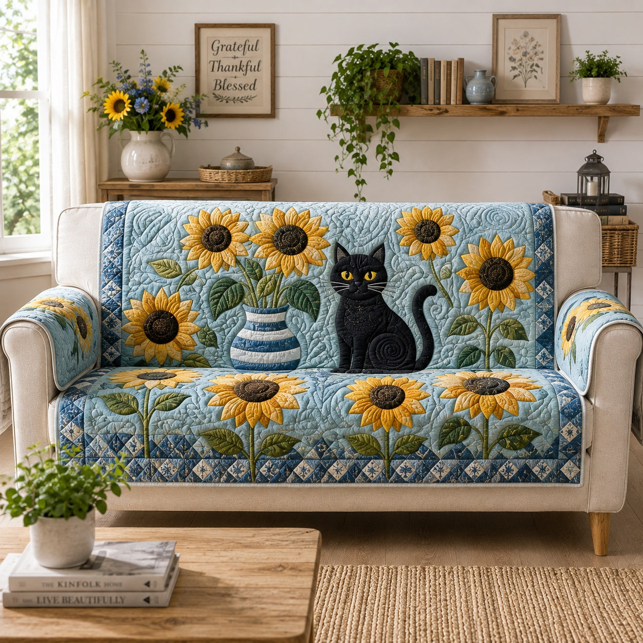 Midnight Sunflower Gaze Quilted Sofa Cover NCU0VL3921