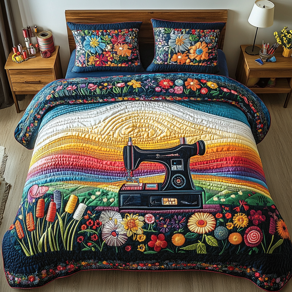 Modern Sewing Machine 3-Piece Quilted Bedding Set NCU0DK8012