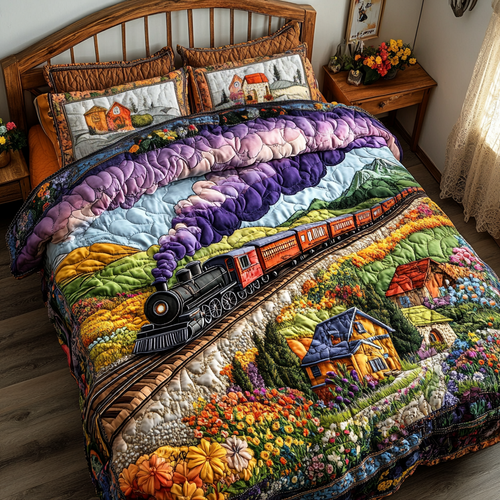 Modern Train 3-Piece Quilted Bedding Set NCU0DK7851