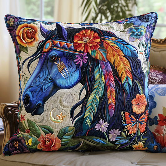 Blue Horse Quilted Pillow Case NCU0TL054