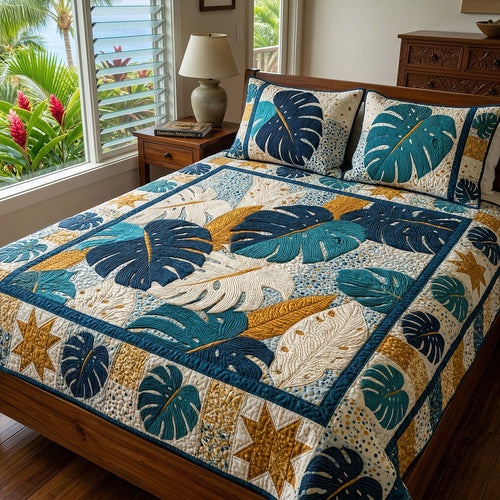 Monstera Gold 3-Piece Quilted Bedding Set NCU0NT12717
