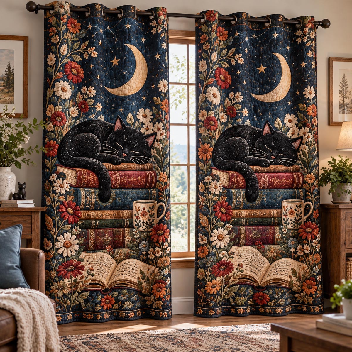 Moonlight Book Cat Quilted Curtains NCU0DV10390
