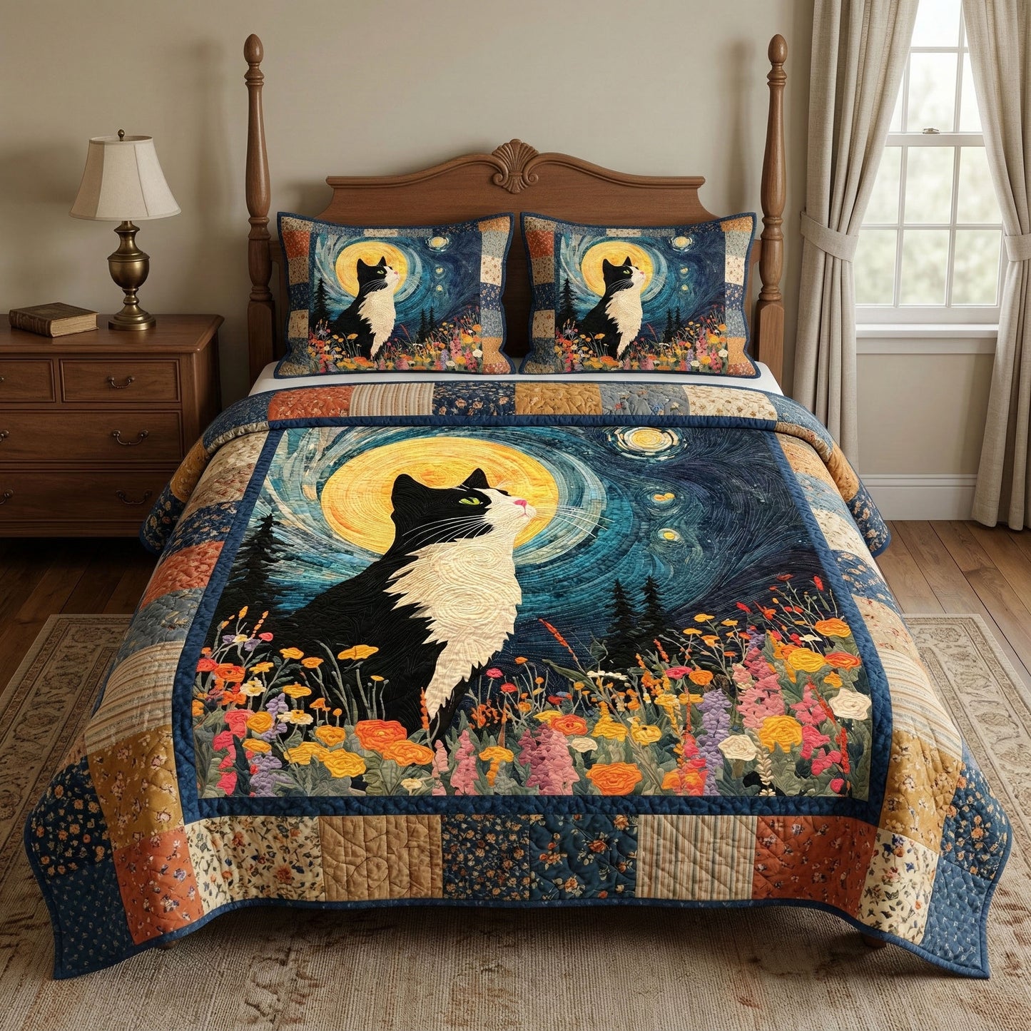 Moonlit Cat Meadow 3-Piece Quilted Bedding Set NCU0NT12465