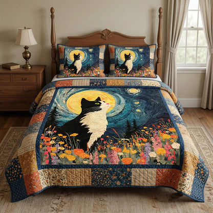 Moonlit Cat Meadow 3-Piece Quilted Bedding Set NCU0NT12465