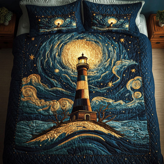 Moonlit Lighthouse Scene 3-Piece Quilted Bedding Set NCU0NT3358