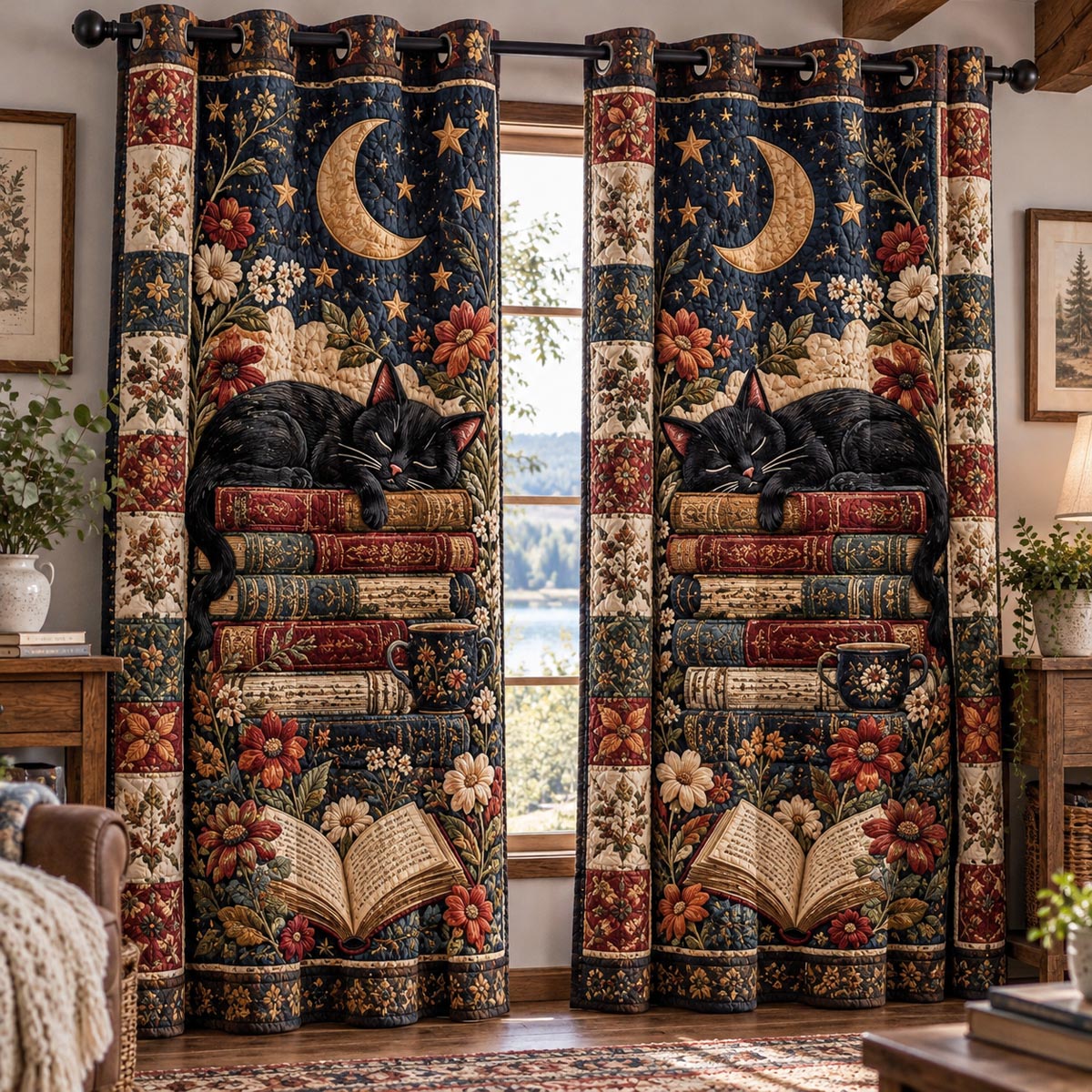 Moonlit Reading Cat Quilted Curtains NCU0DV10383