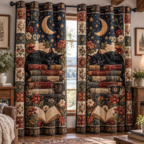 Moonlit Reading Cat Quilted Curtains NCU0DV10383