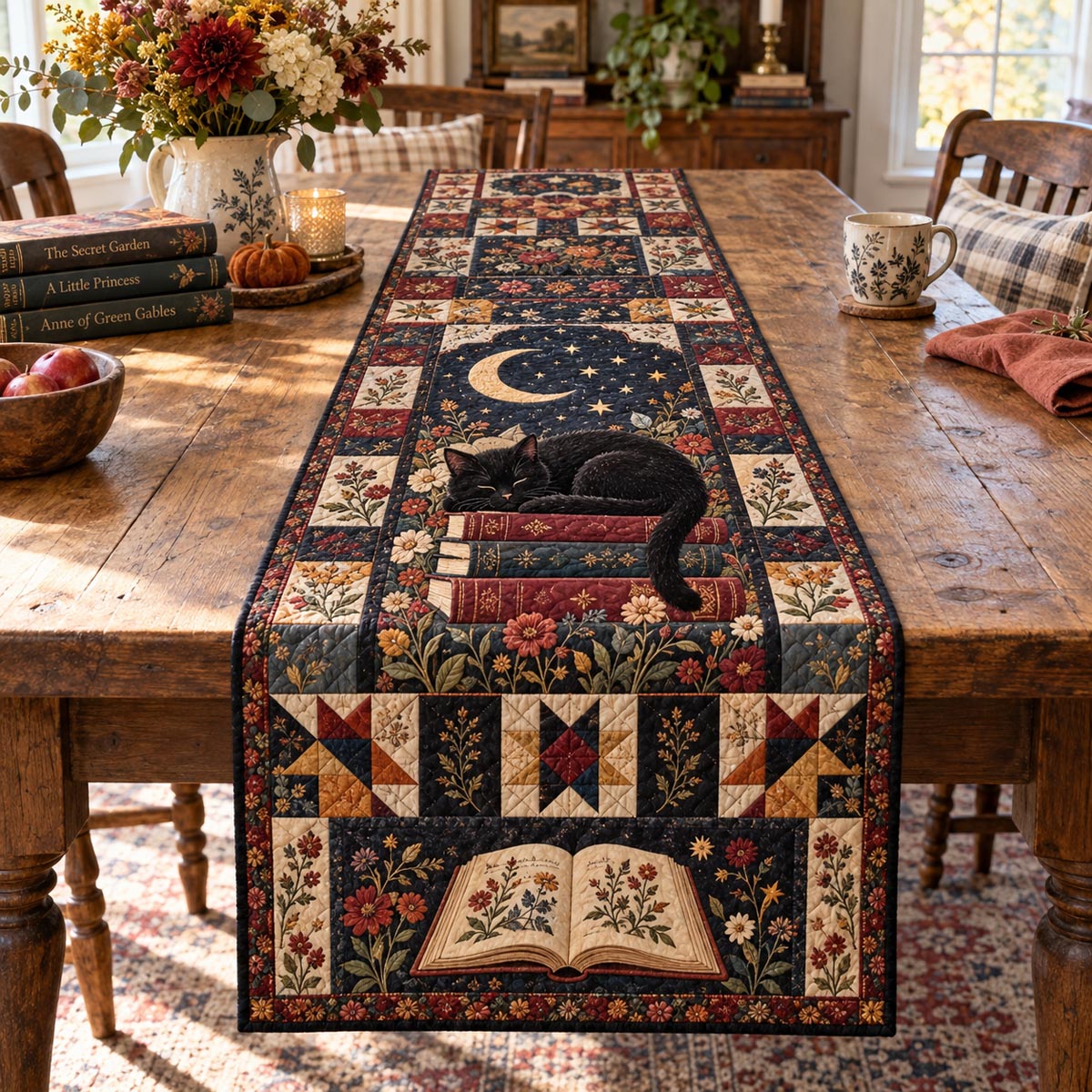 Moonlit Reading Cat Quilted Table Runner NCU0DV10483