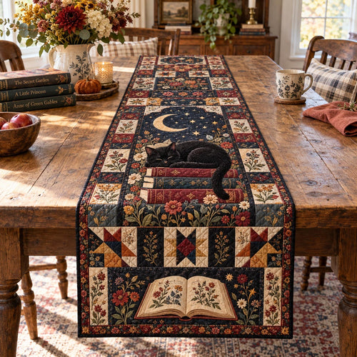 Moonlit Reading Cat Quilted Table Runner NCU0DV10483