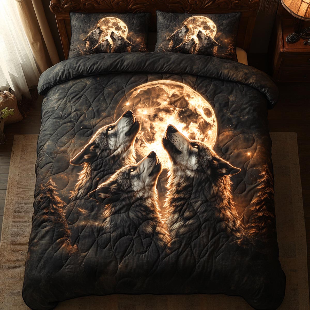 Moonlit Wolf 3-Piece Quilted Bedding Set NCU0DV9553