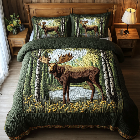 Moose Adventure 3-Piece Quilted Bedding Set NCU0DK7462