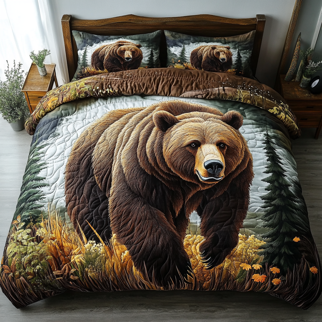 Mountain Bear 3-Piece Quilted Bedding Set NCU0DK5802