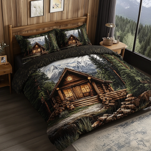 Mountain Log Cabin 3-Piece Quilted Bedding Set NCU0DK3674