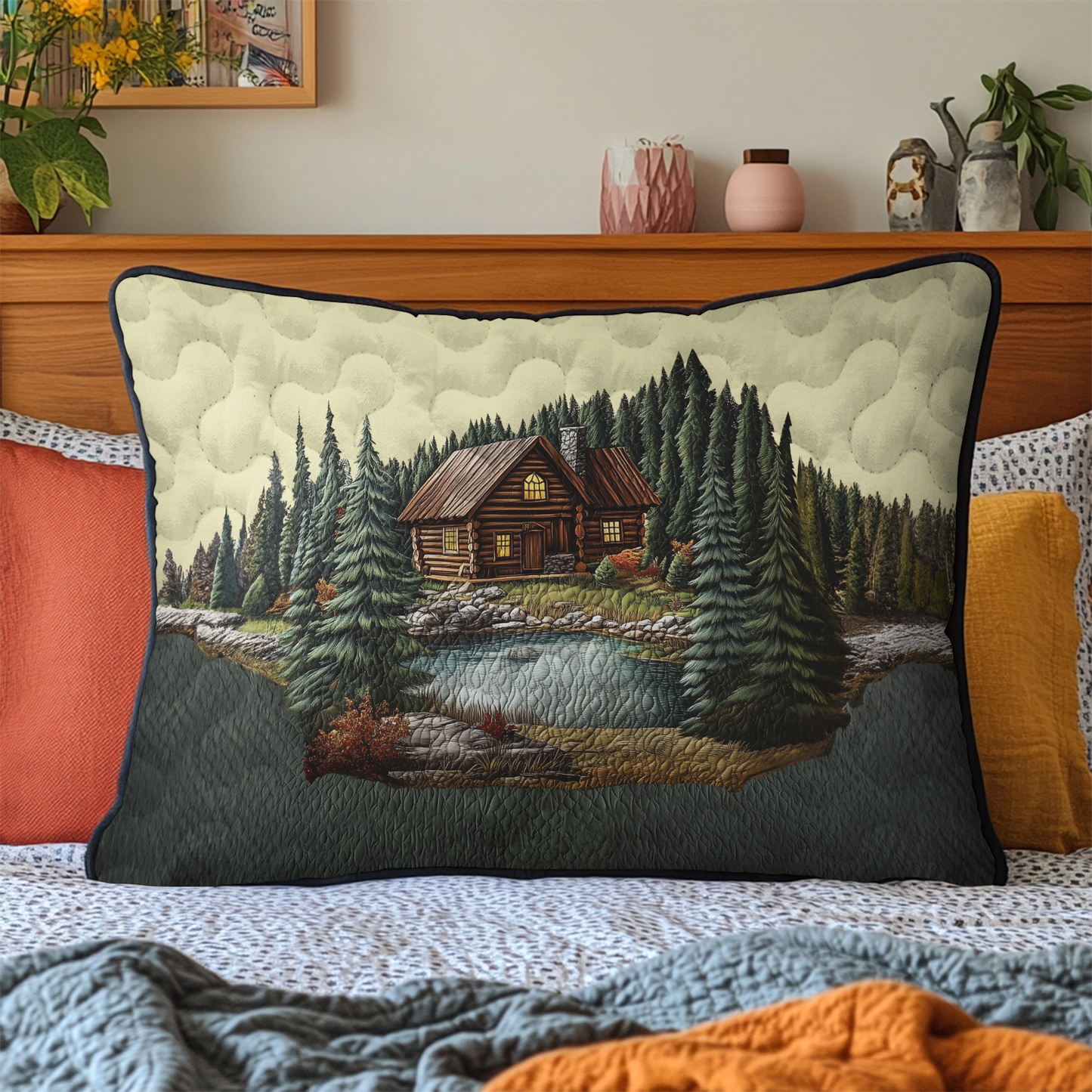 Mountain Log Cabin Quilted Bedding Pillow Case NCU0DK3739