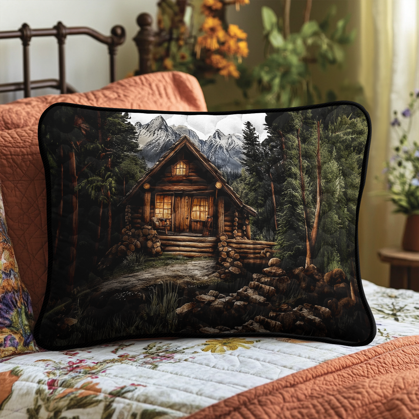 Mountain Log Cabin Quilted Bedding Pillow Case NCU0DK3858