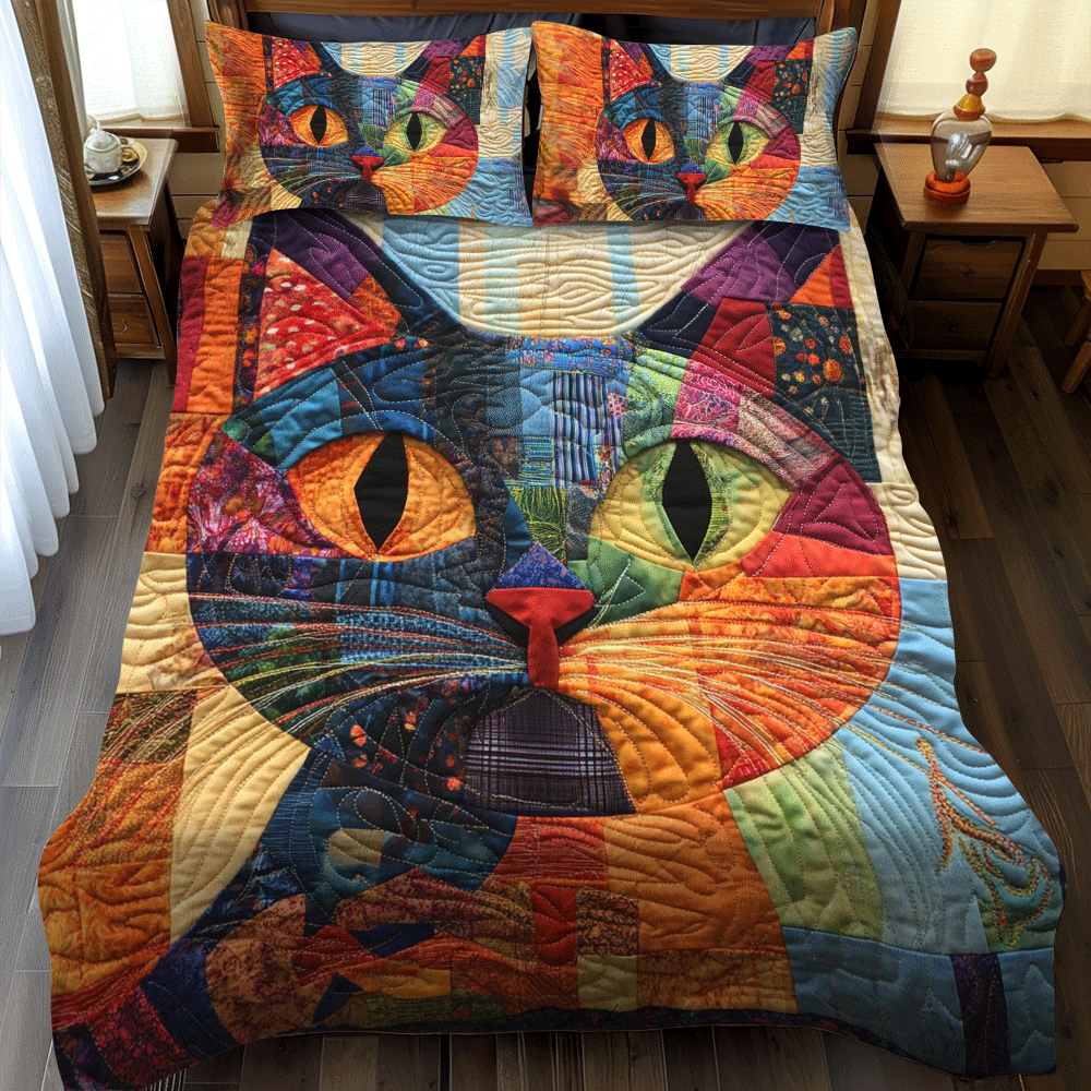Multicolored Cats 3-Piece Quilted Bedding Set NCU0PD636