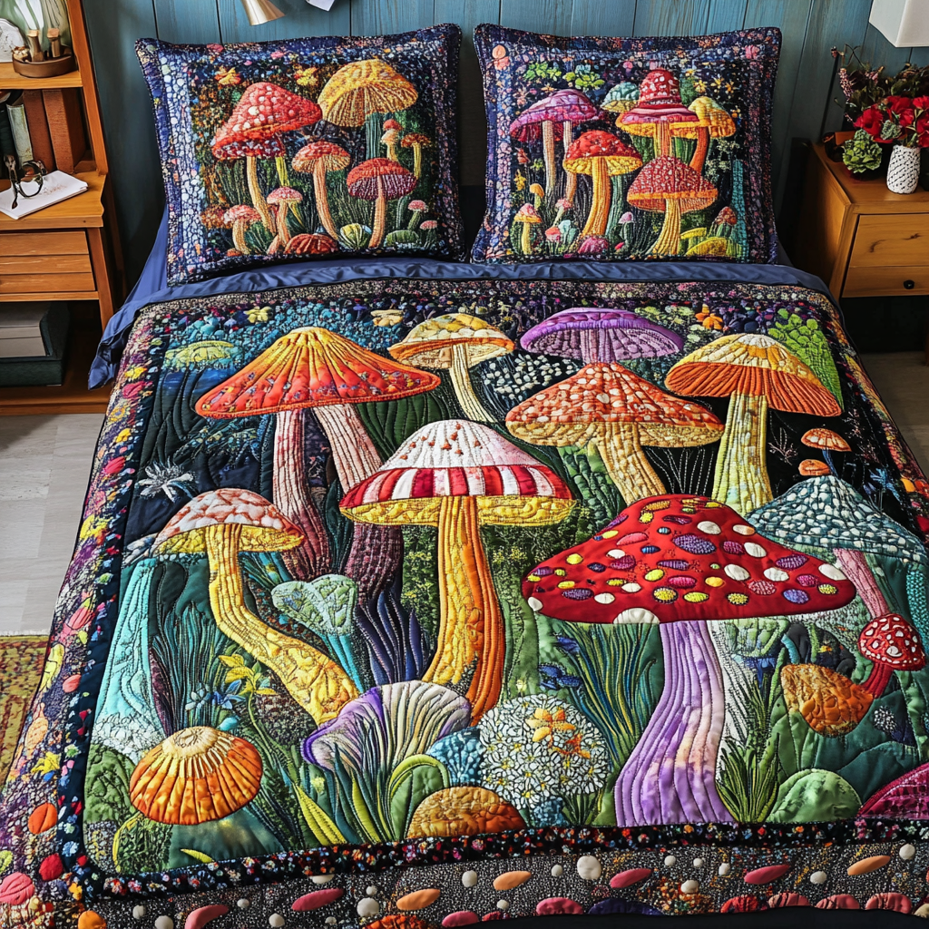 Mushroom Field 3-Piece Quilted Bedding Set NCU0DK11036