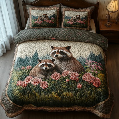 Mushroom Grove Raccoon 3-Piece Quilted Bedding Set NCU0DV4087