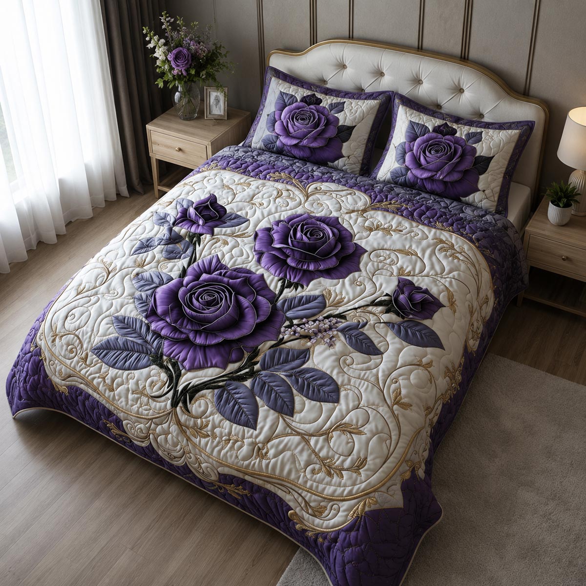 Mystic Violet Rose 3-Piece Quilted Bedding Set NCU0DV3634