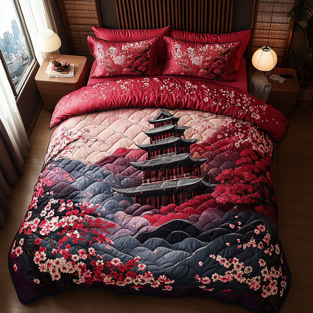 Mystic Japanese Pagoda 3-Piece Quilted Bedding Set NCU0DV5484 – Vantique