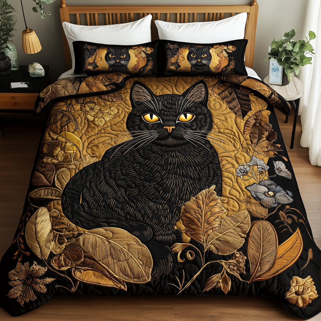 Mystic Moon Cat 3-Piece Quilted Bedding Set NCU0DK2504