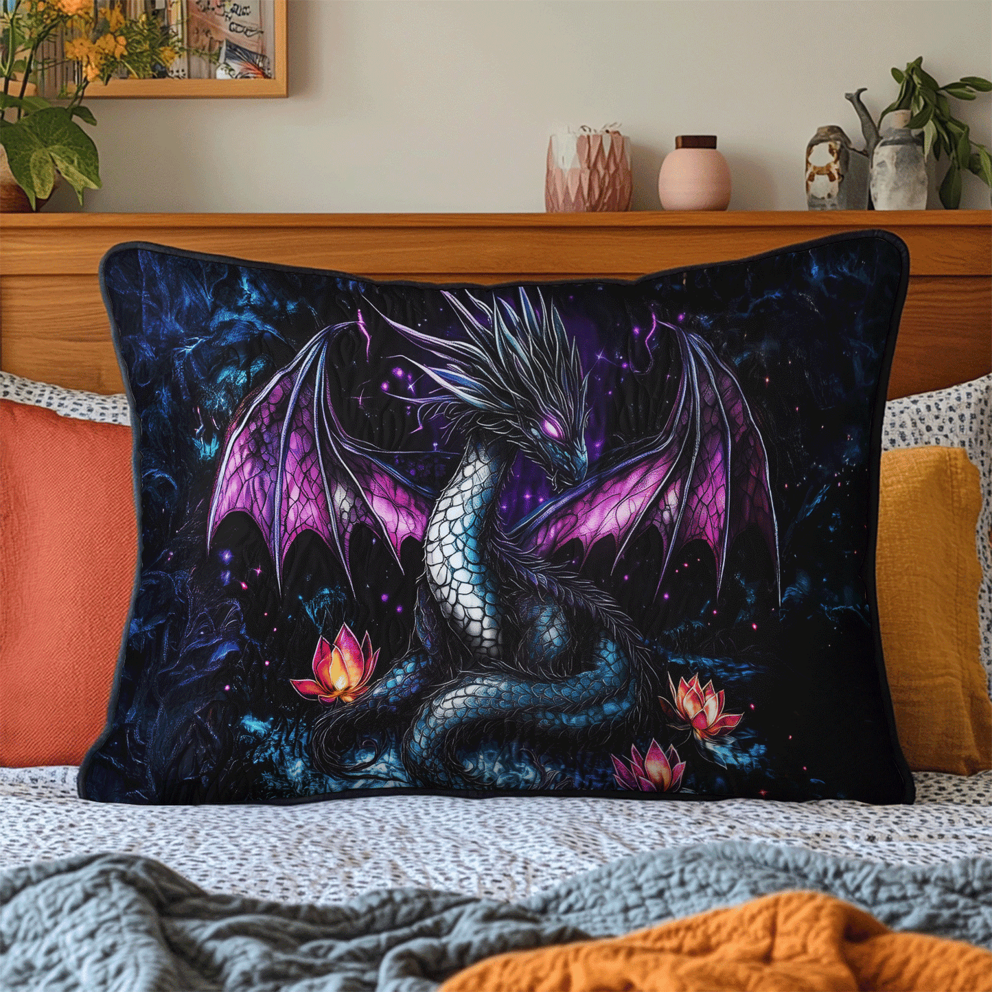 Midnight Dragon Realm Quilted Bedding Pillow Case NCU0VL1171