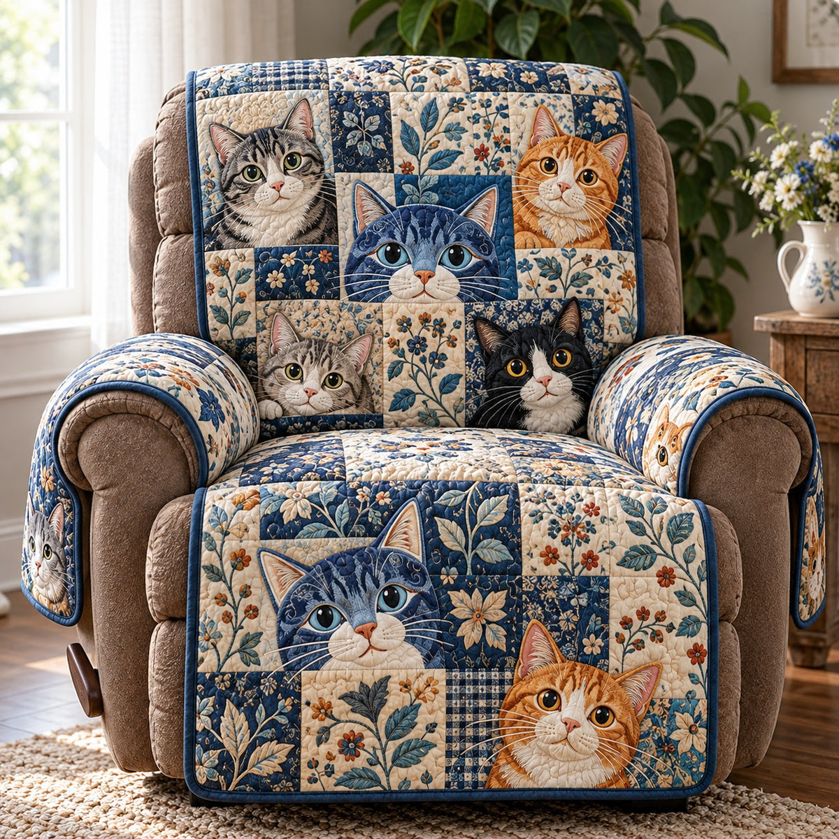 Navy Cat Portraits Quilted Sofa Cover NCU0PT12294