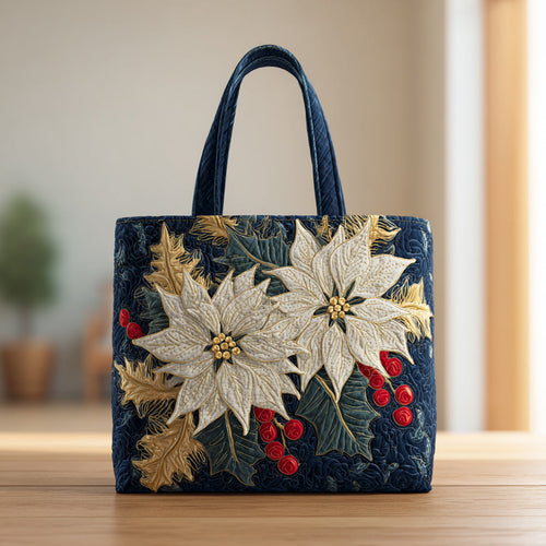 Navy Poinsettia Quilted Tote Bag NCU0HH304