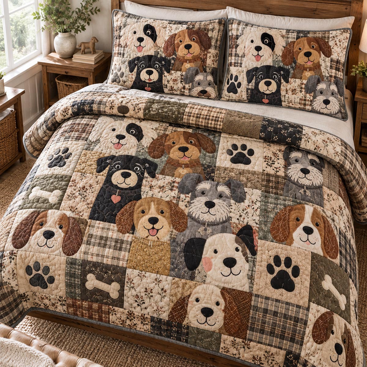 Neutral Dog Crew 3-Piece Quilted Bedding Set NCU0DV10509