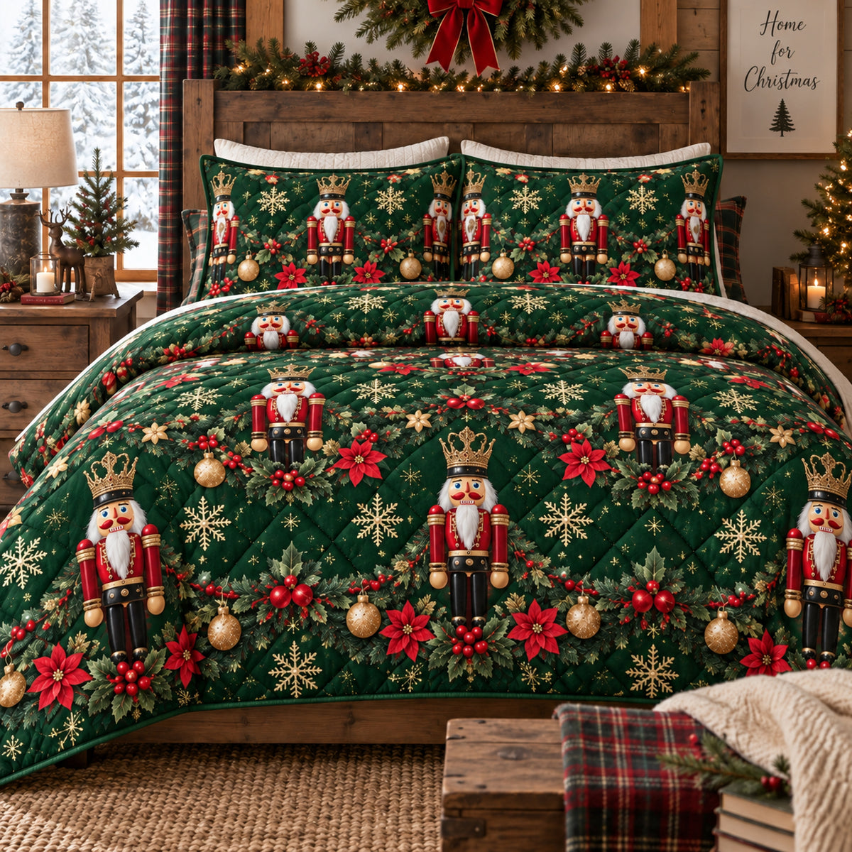 Nutcracker Poinsettia Garden 3-Piece Quilted Bedding Set NCU0DV10151