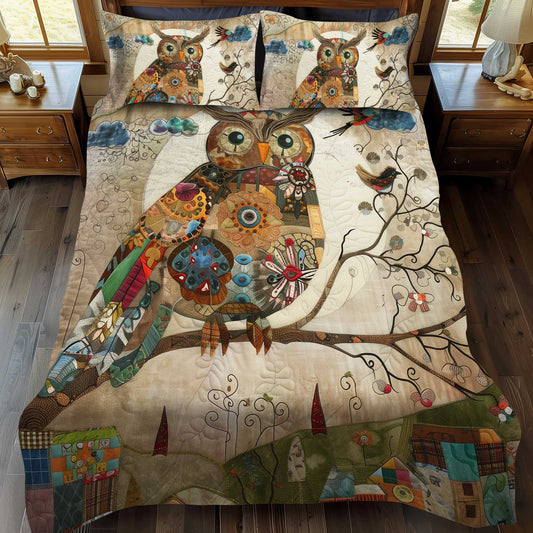 Vintage Owl Patchwork 3-Piece Quilted Bedding Set NCU0HY001