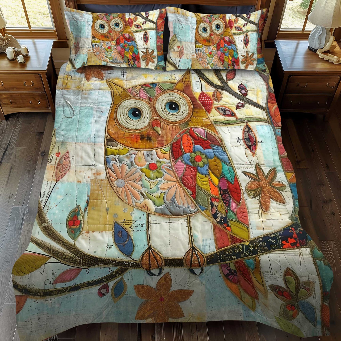 Colorful Owl Patchwork 3-Piece Quilted Bedding Set NCU0HY006