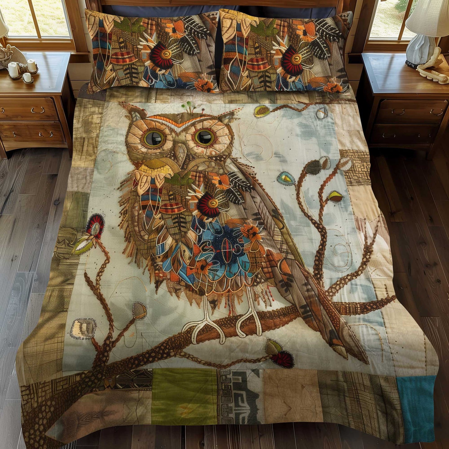 Vintage Owl Patchwork 3-Piece Quilted Bedding Set NCU0HY007