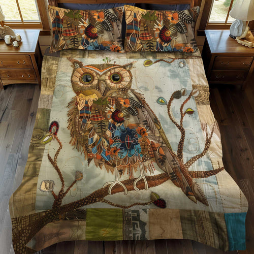 Vintage Owl Patchwork 3-Piece Quilted Bedding Set NCU0HY007