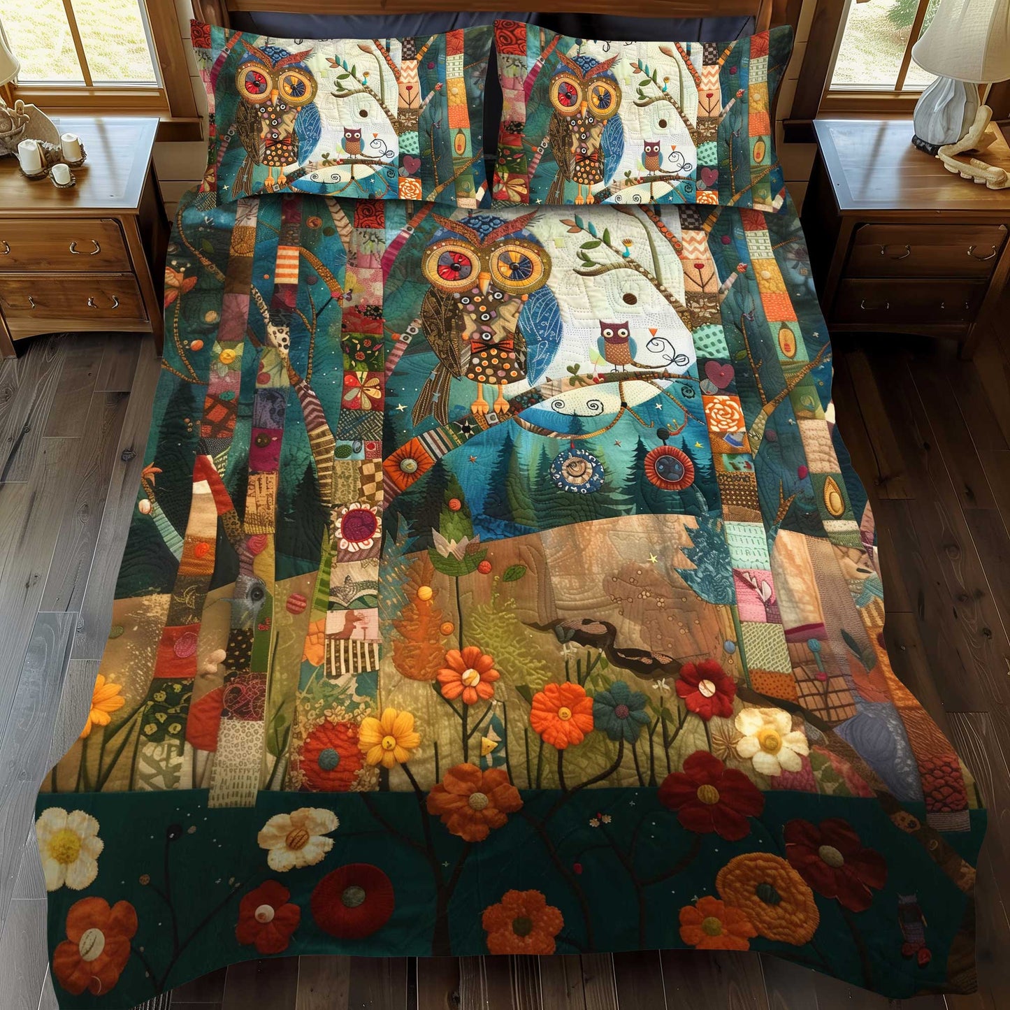 Colorful Owl Patchwork 3-Piece Quilted Bedding Set NCU0HY009