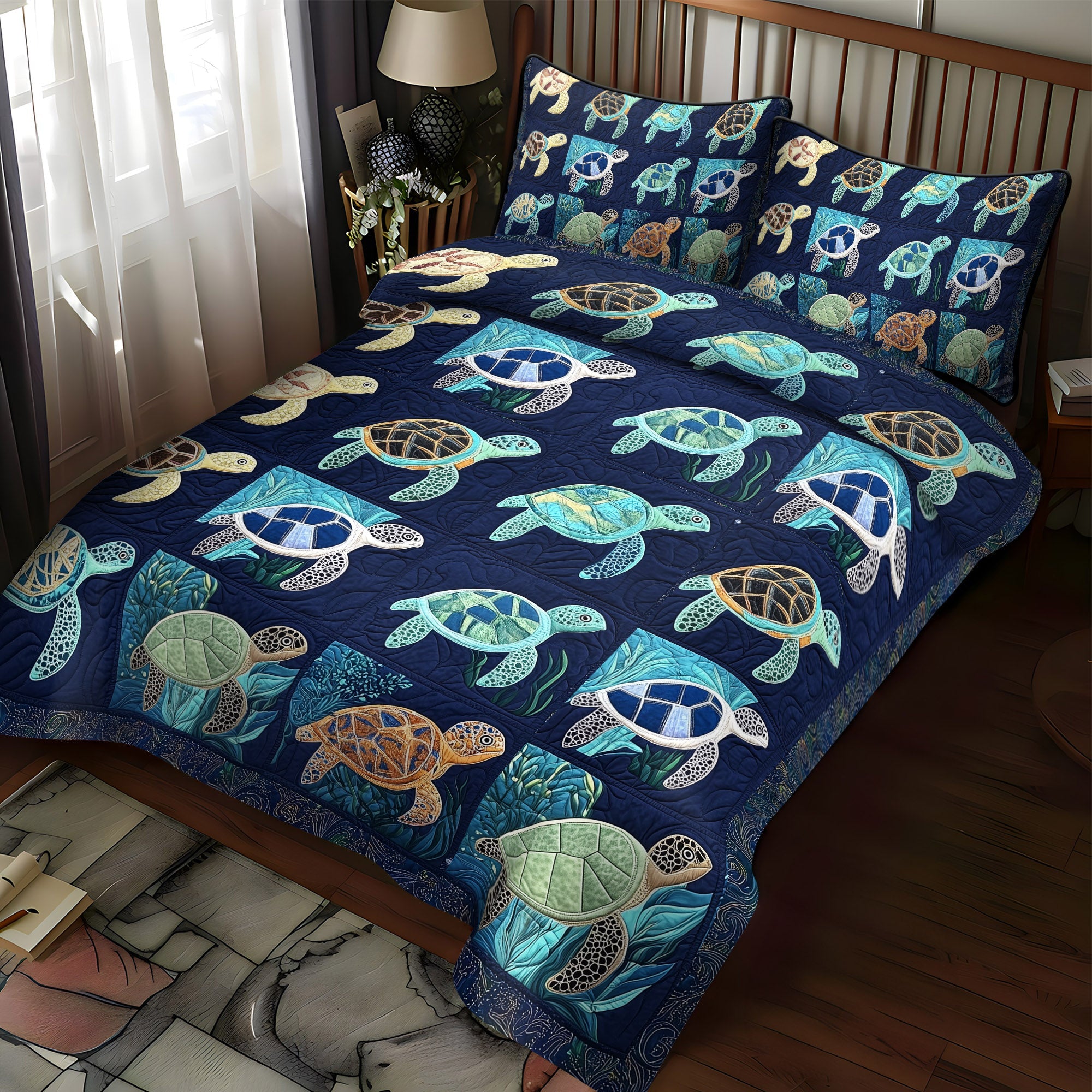 Ocean Turtle Journey 3Piece Quilted Bedding Set NCU0PT1854 Vantique