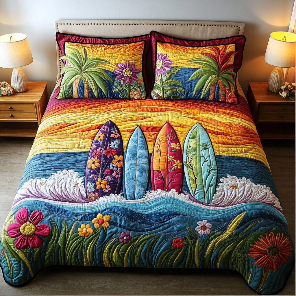 Oceanic Surfboard 3-Piece Quilted Bedding Set NCU0DK7547