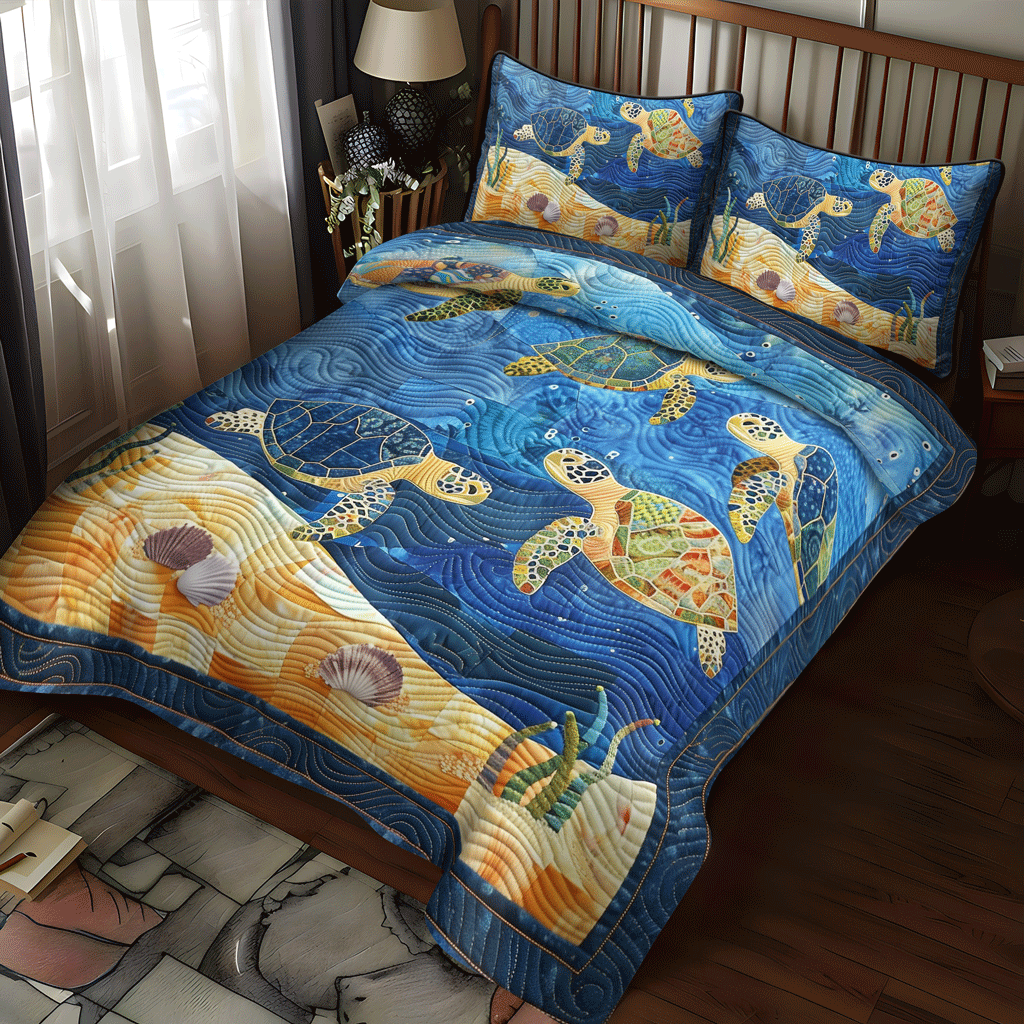 Oceanic Turtle Dance 3-Piece Quilted Bedding Set NCU0TH1346