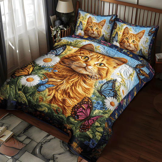 Orange Cat With Butterflies 3-Piece Quilted Bedding Set NCU0PD623