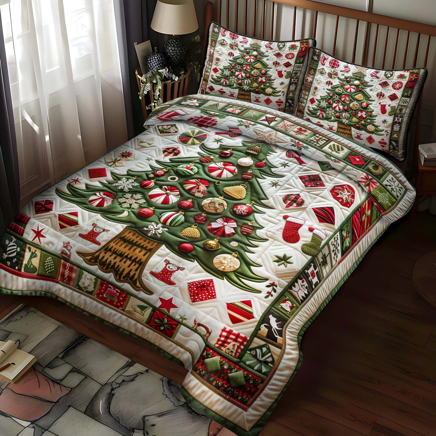 Ornamented Christmas Tree 3-Piece Quilted Bedding Set NCU0NT049