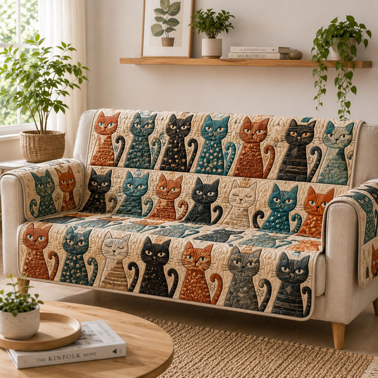 Ornate Feline Charm Quilted Sofa Cover NCU0VL3910