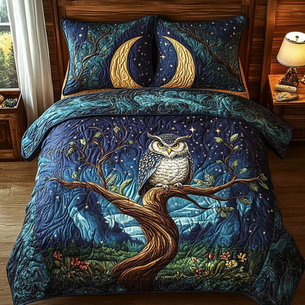 Owl Forest 3-Piece Quilted Bedding Set NCU0DV6164