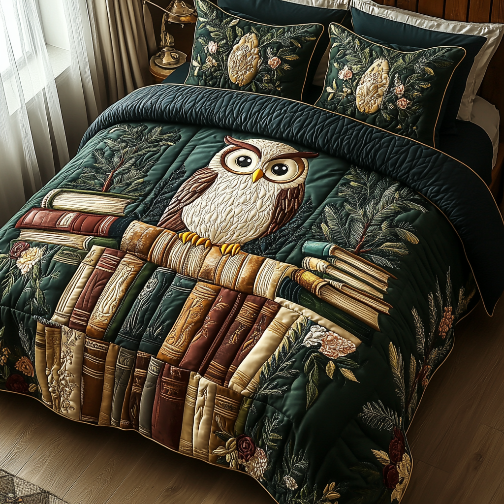 Owl Library 3-Piece Quilted Bedding Set NCU0DV5767