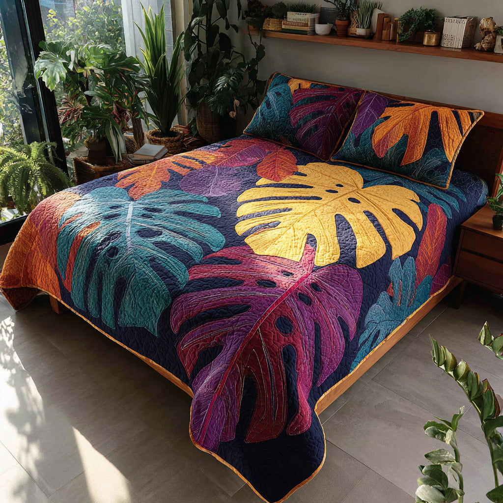 Painted Monstera 3-Piece Quilted Bedding Set NCU0VL3457