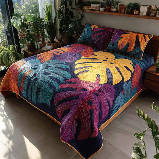 Painted Monstera 3-Piece Quilted Bedding Set NCU0VL3457