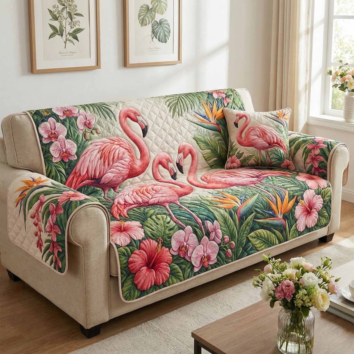 Palm Romance Quilted Sofa Cover NCU0XD2611